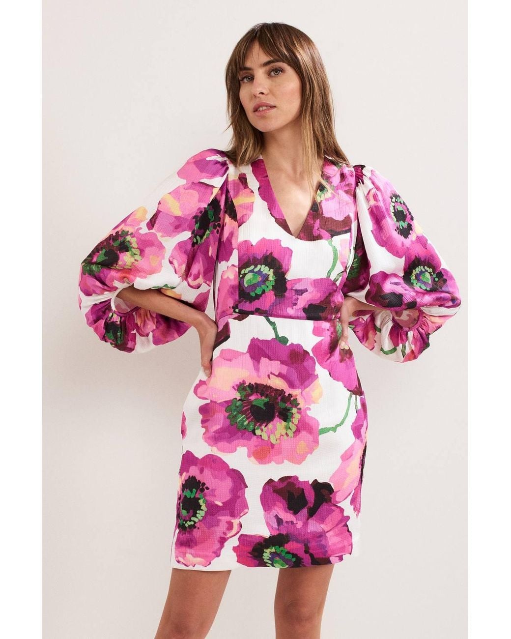 Phase Eight Pink Fiona Puff Sleeve V-Neck Dress