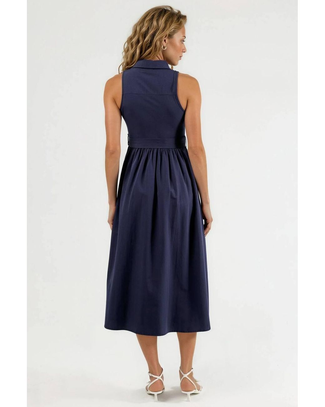 Busem Blue Belted Shirt Collar Midi Dress