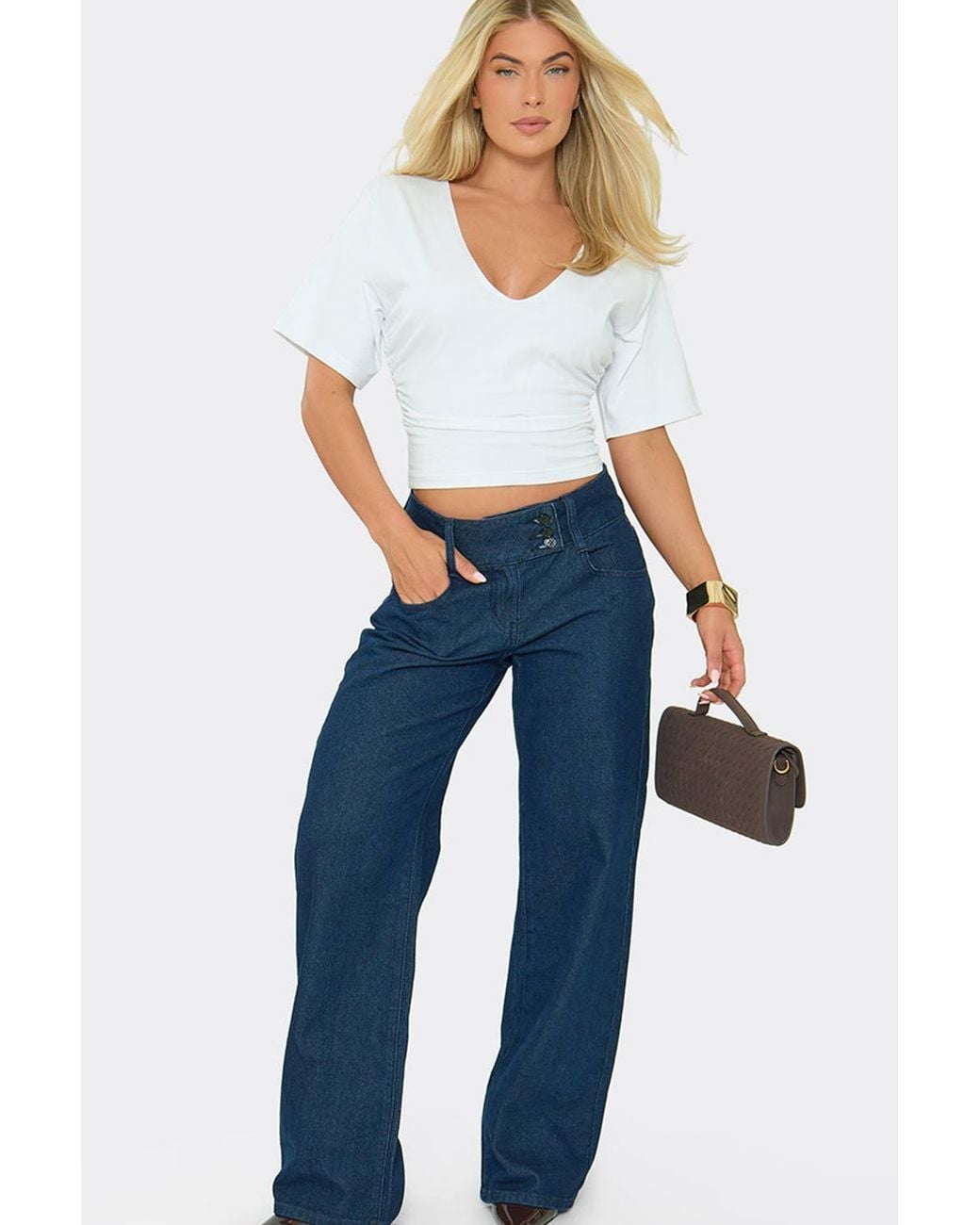 EGO White Short Sleeve V-Neck Top