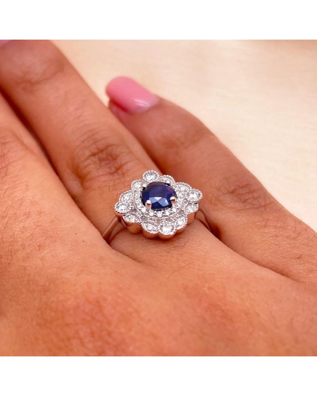 Raina Jewels Blue 14Ct Round Sapphire & Diamond Cluster Milgrain Ring