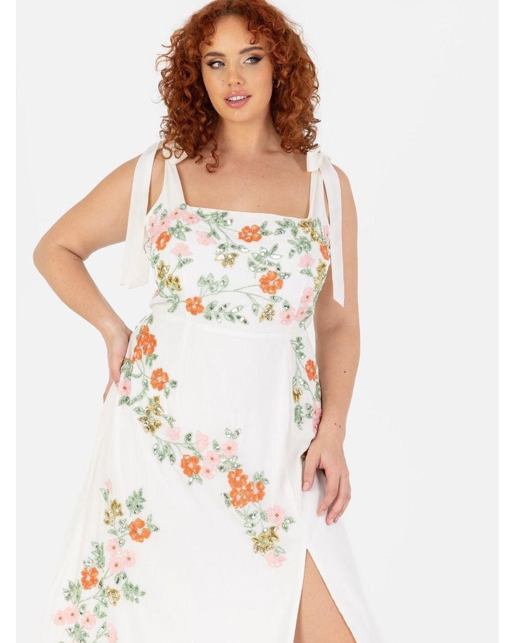Maya Deluxe White Tie-Shoulder Embellished Midi Dress
