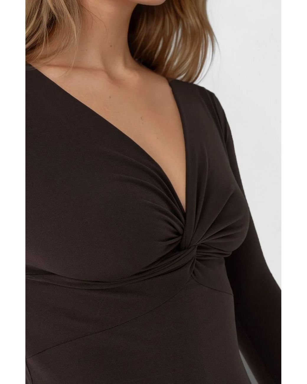 Hiccup Brown V-Neck Twist-Front Long Sleeve Top