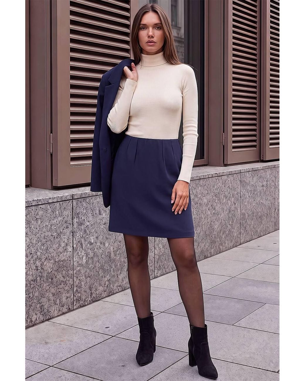 Roman Blue Petite Ponte Stretch Pencil Skirt