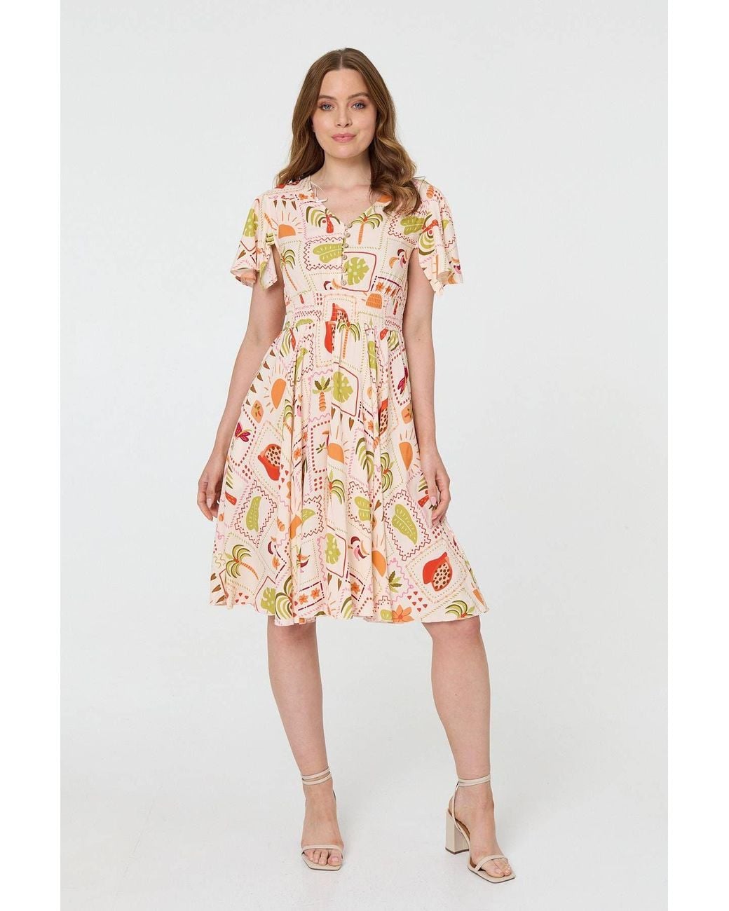 Izabel London Pink Printed V-Neck Shirred Knee Length Dress