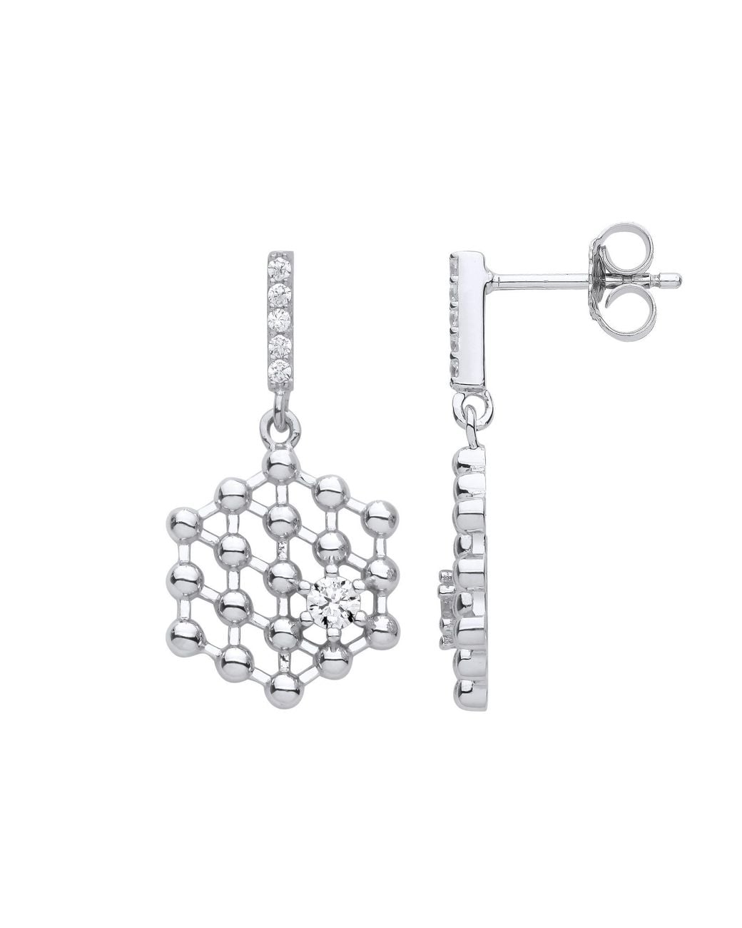 Jewelco London White Cz Molecular Structure Hexagon Honeycomb Drop Earrings