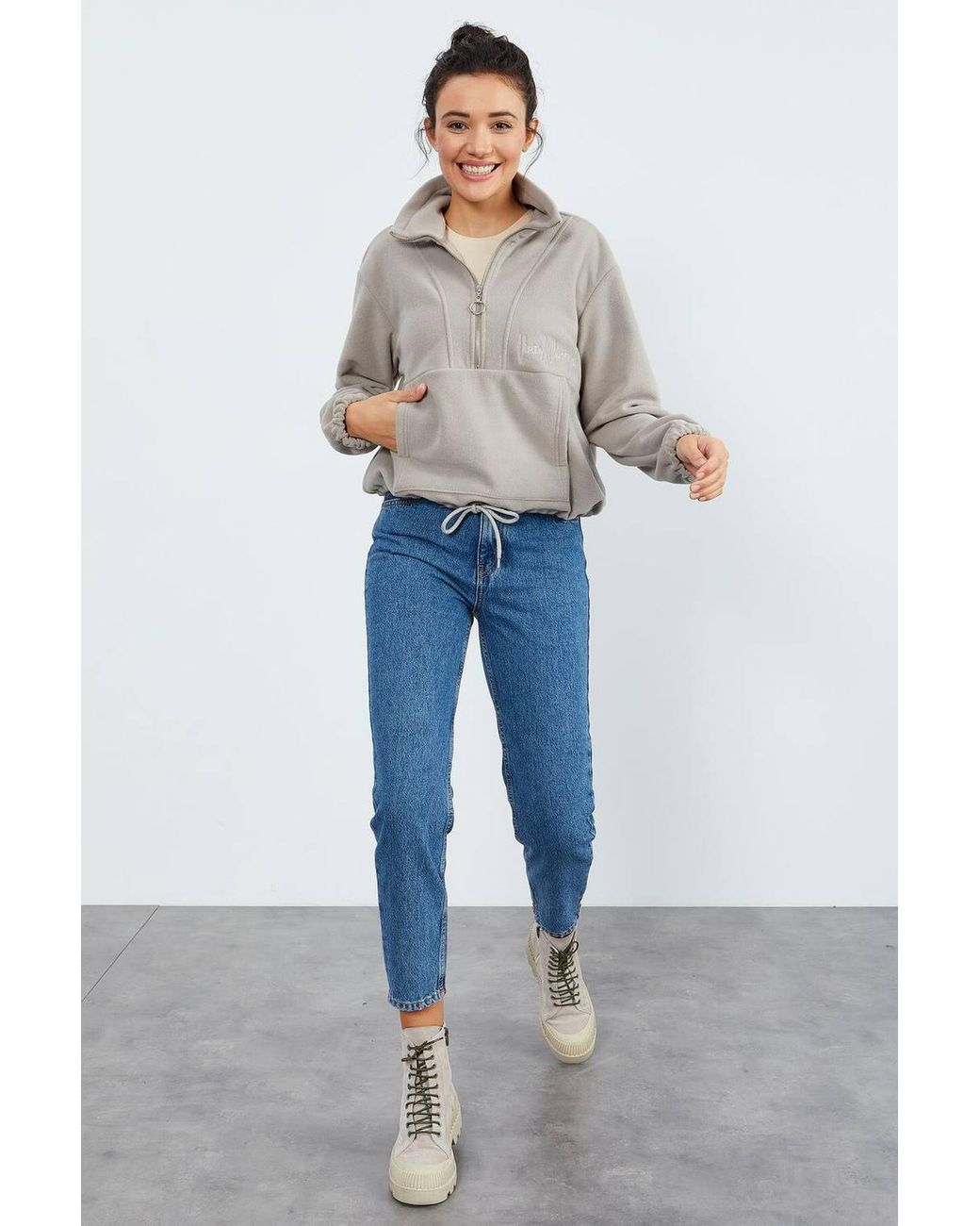 TOMMY LIFE Gray Oversized Half-Zip Plush Sweatshirt