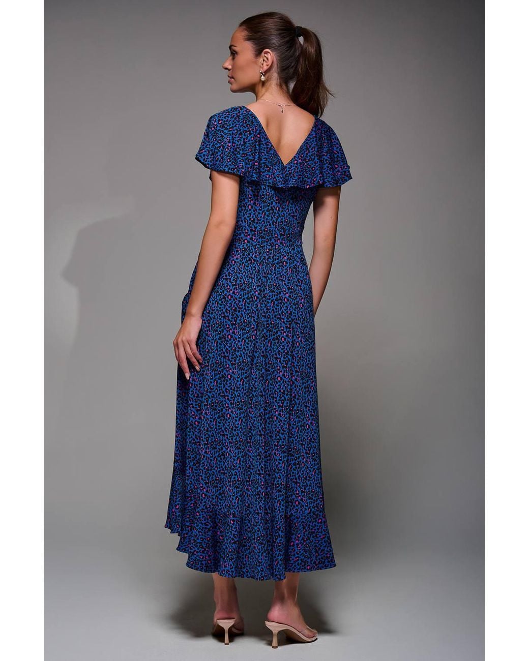 Jolie Moi Blue Animal Print Frill Maxi Dress