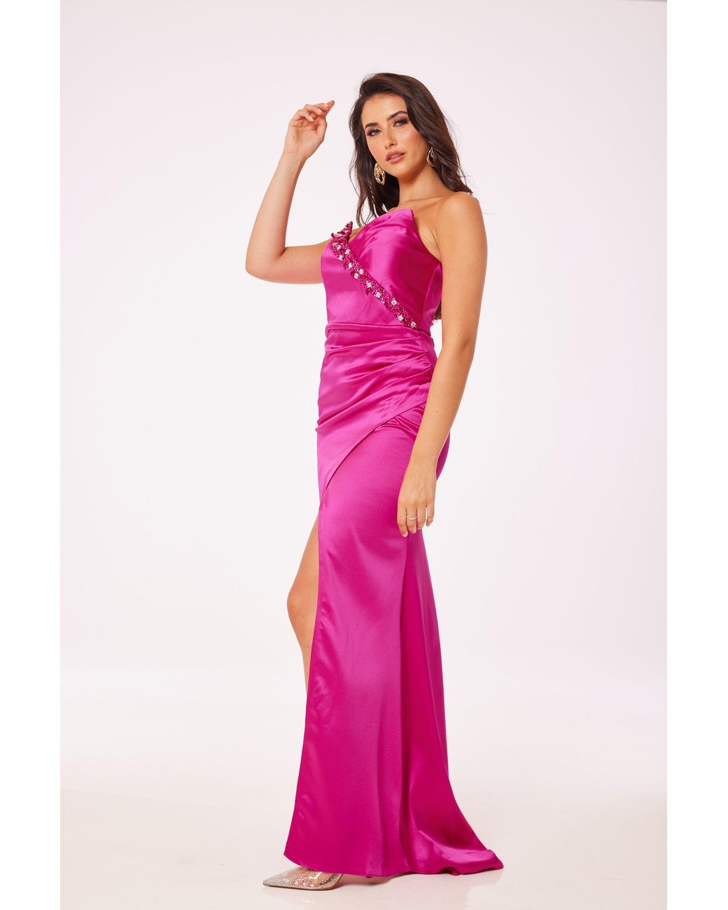 LuvForever Fashion Pink Fuschia Strapless Side Slit Maxi Dress