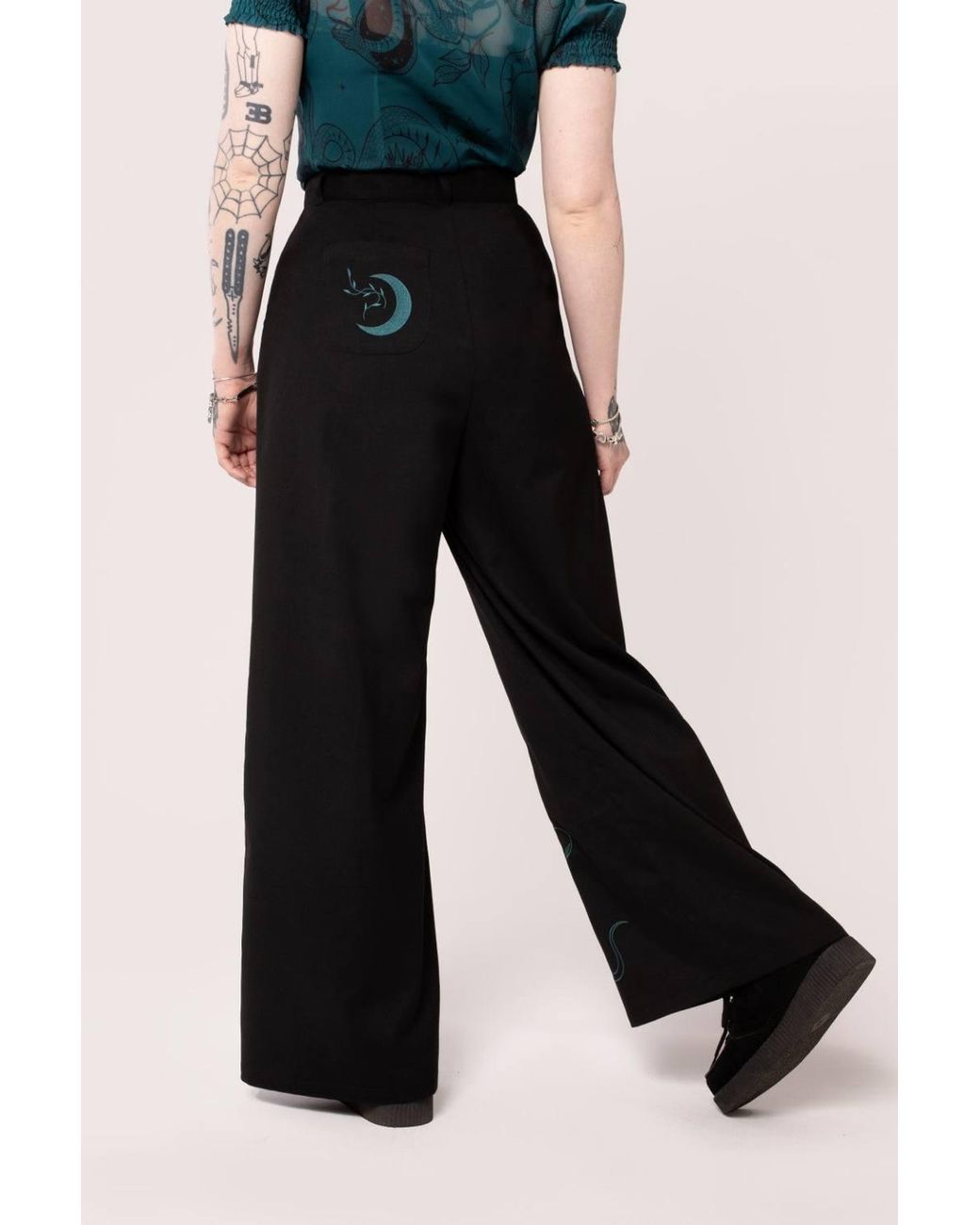 Hell Bunny Blue Venom High Waist Wide Leg Trousers With Snake Embroidery Chain Detail