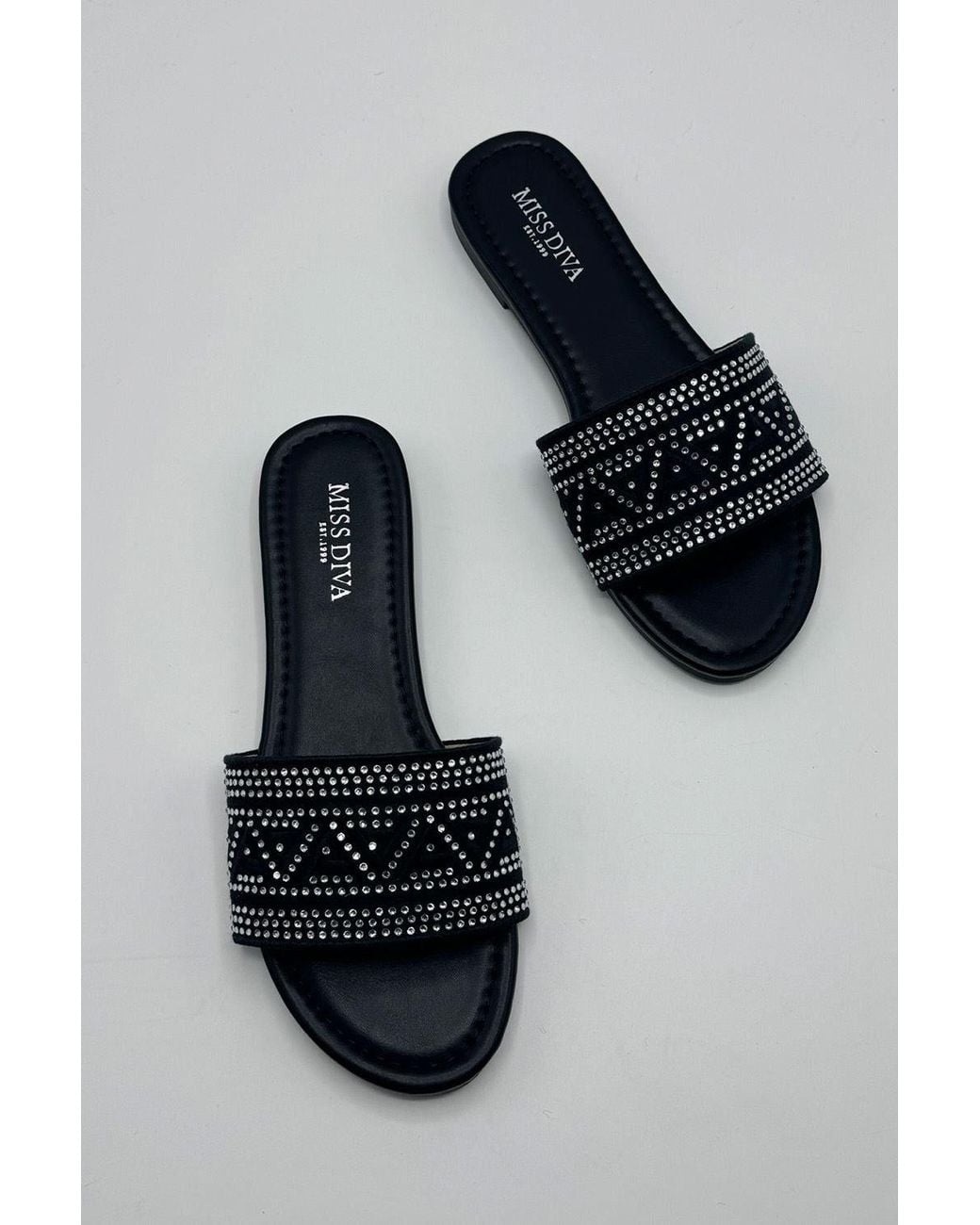 Miss Diva Blue Kree Diamante Patterned Sliders