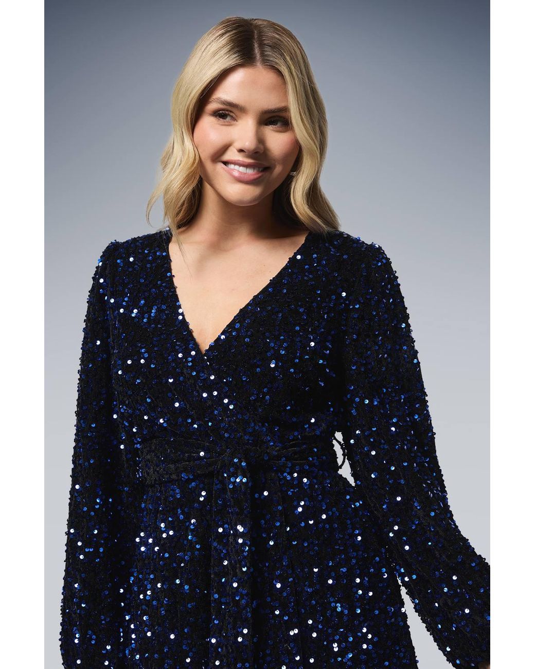 Dorothy Perkins Blue Wrap Velvet Sequin Long Sleeve Mini Dress