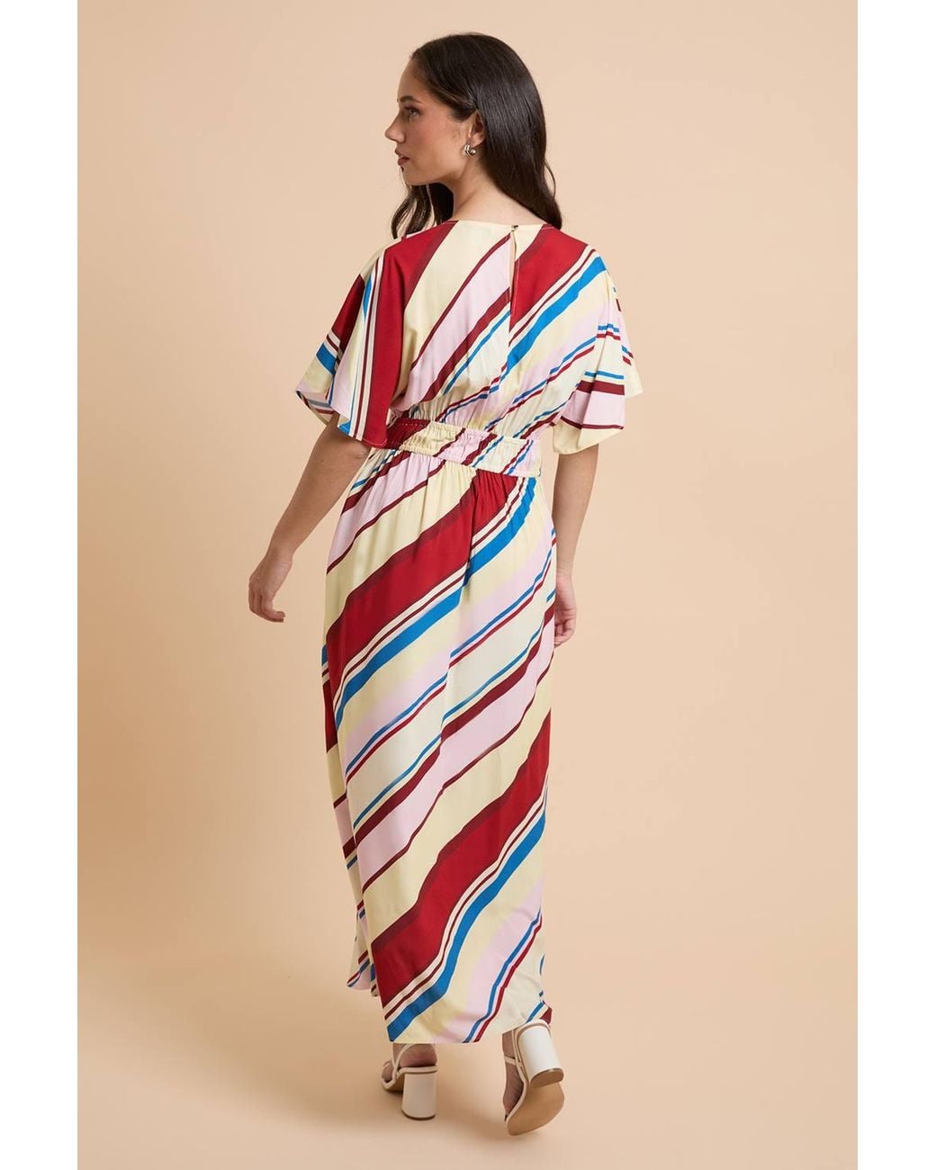 Dorothy Perkins Pink Stripe Cape Sleeve Plunge V Neck Maxi Dress