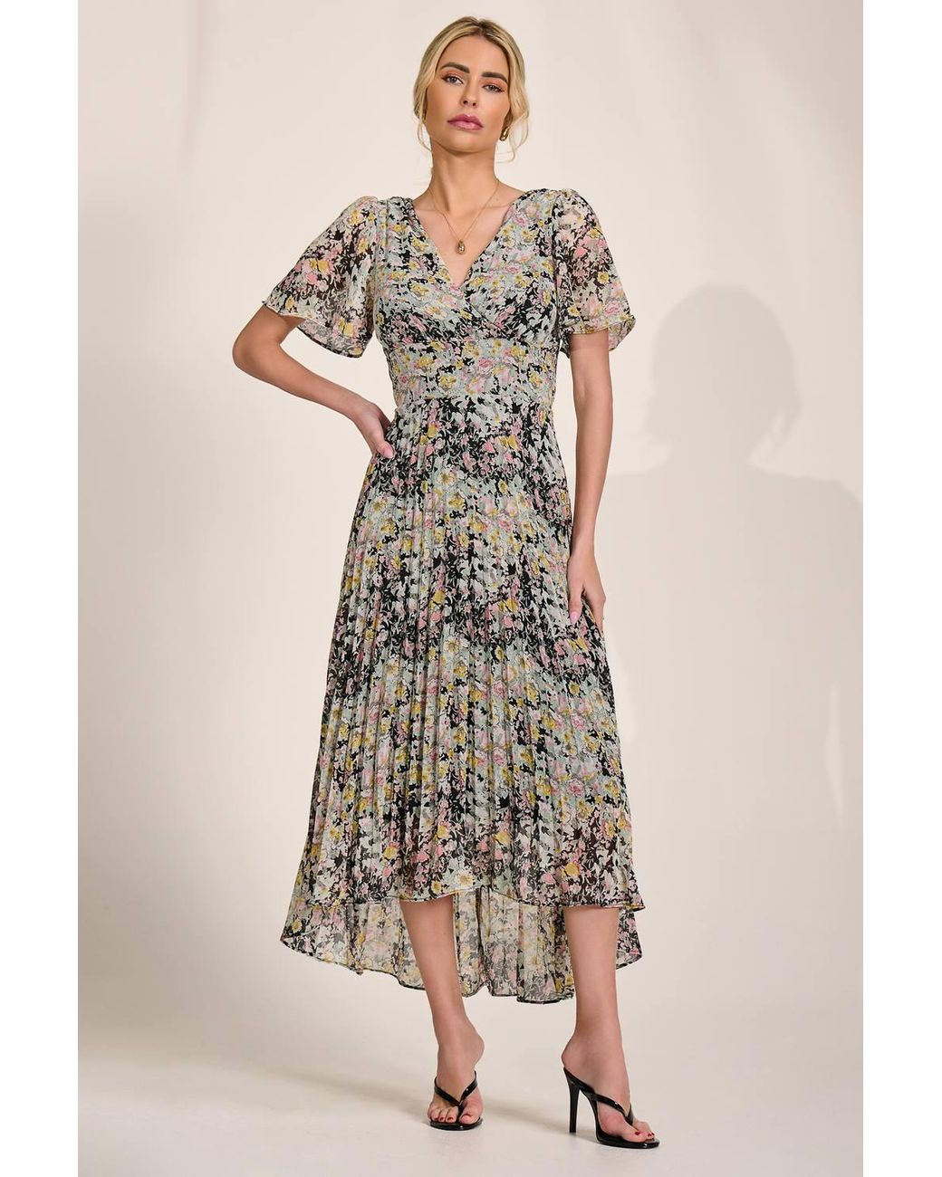 Jolie Moi Natural Floral Chiffon V Neck Midaxi Dress
