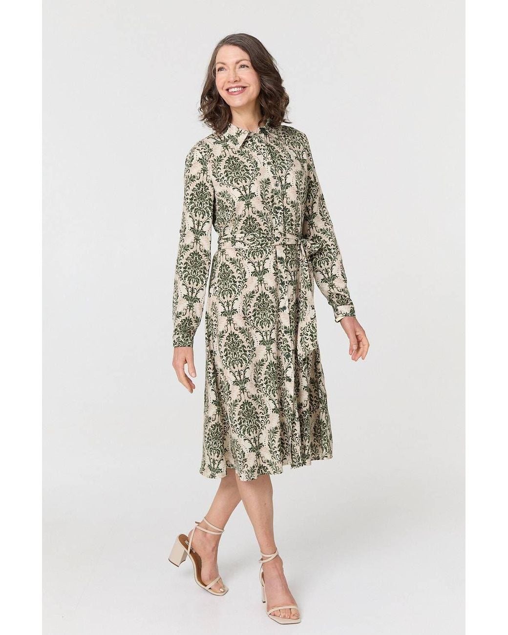Izabel London Green Baroque Print Tie Waist Midi Shirt Dress
