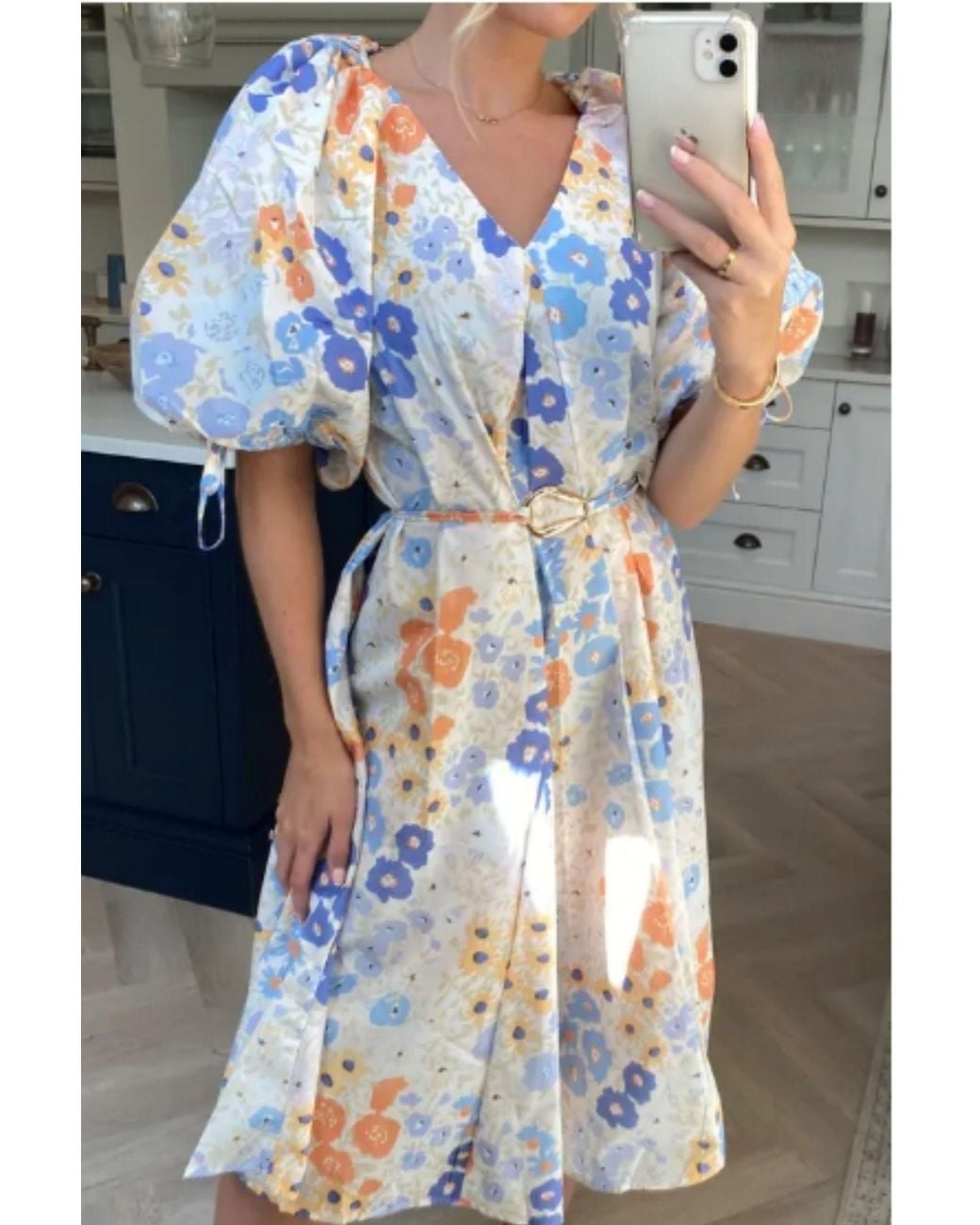 CY Gray Oversized Puff Sleeve Midi Dress