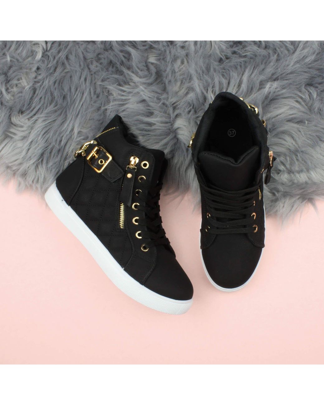AJVANI Black Chain Lace Up Trainers Hi Tops