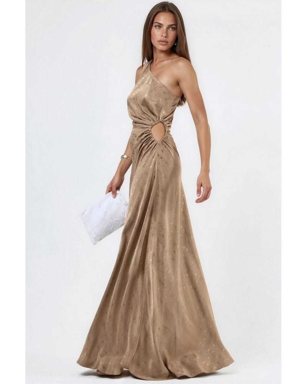 Hiccup Brown Patterned One-Shoulder Satin Dress With Cut-Out Detail