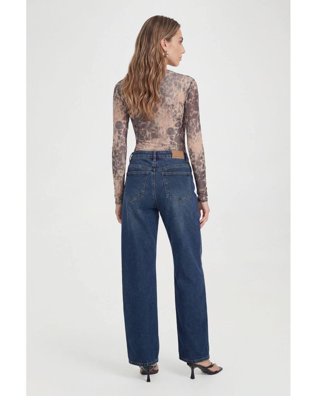 Roselle Blue Sheer Mesh Long Sleeve Crew Neck Bodysuit Tops