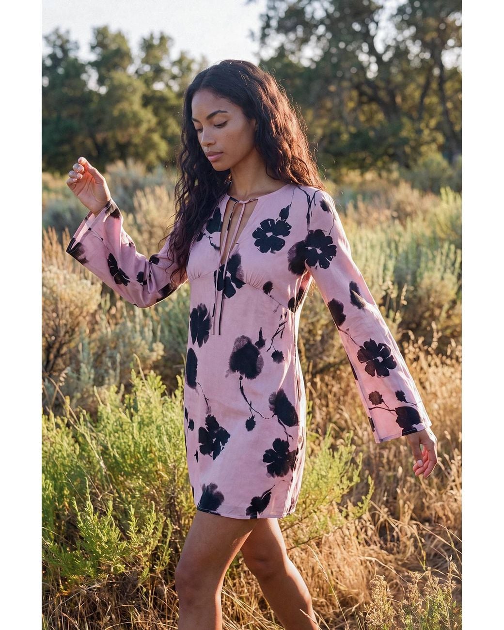 Nasty Gal Pink Painted Floral Tie Front High Neck Fluted Sleeve Mini Dress
