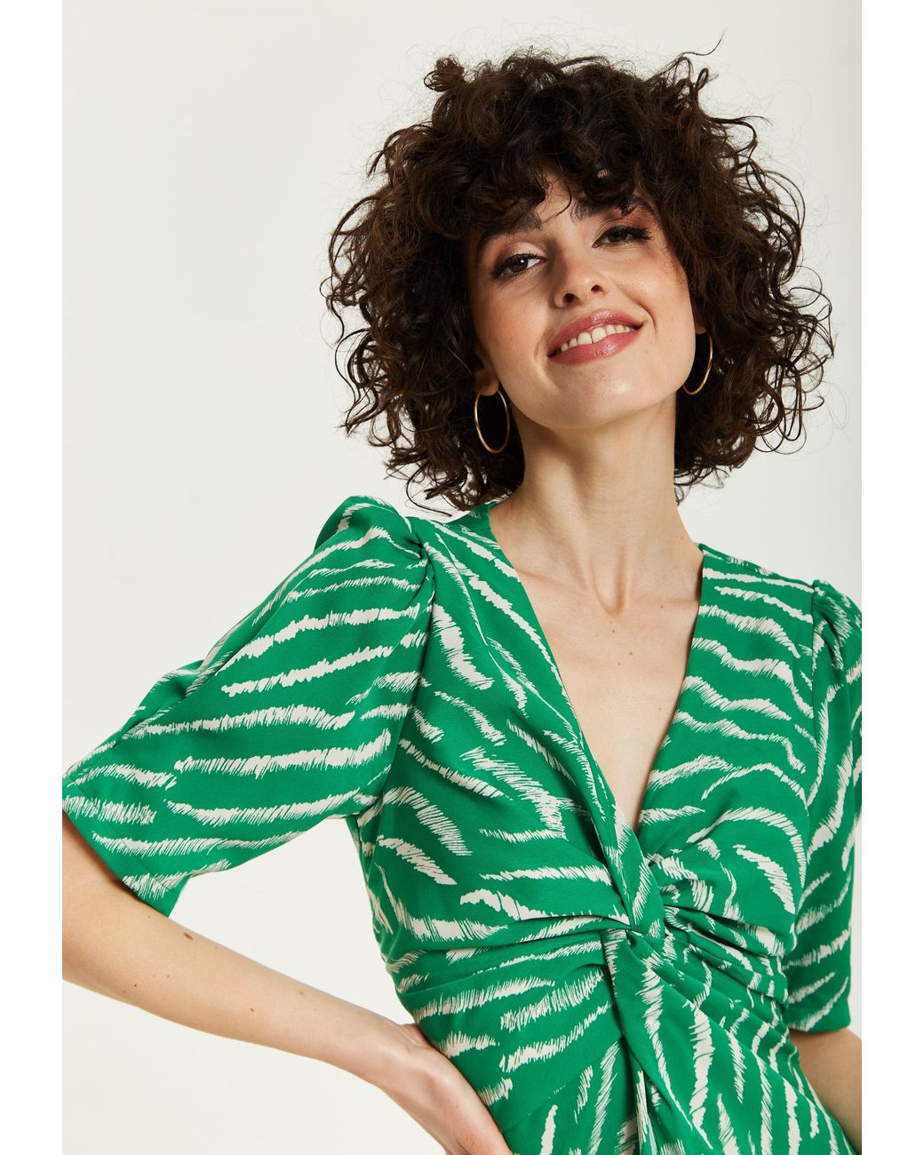 Liquorish Green Zebra Print Knot Front Midi Dress With Short Sleeves