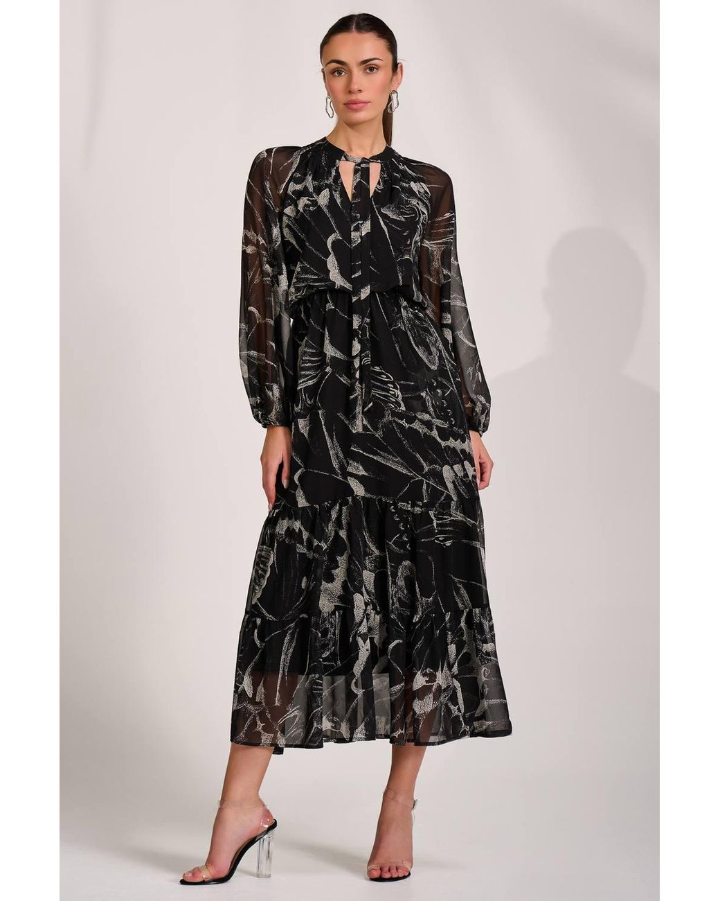 Jolie Moi Black Chiffon Long Sleeve Tiered Maxi Dress