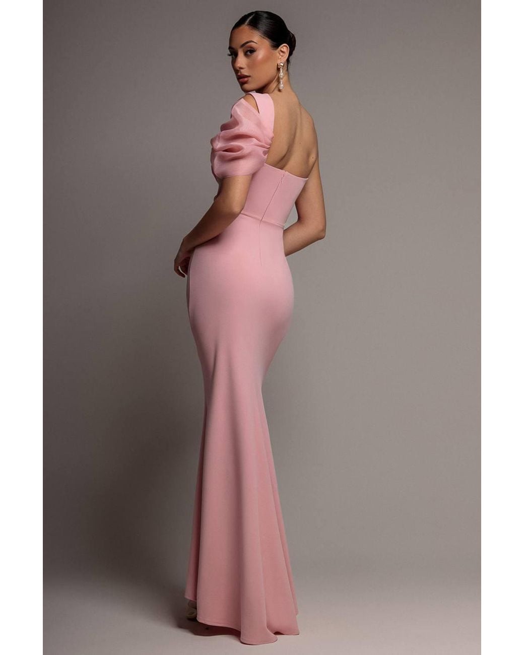 Goddiva Pink Organza Bow One Shoulder Scuba Crepe Maxi Dress