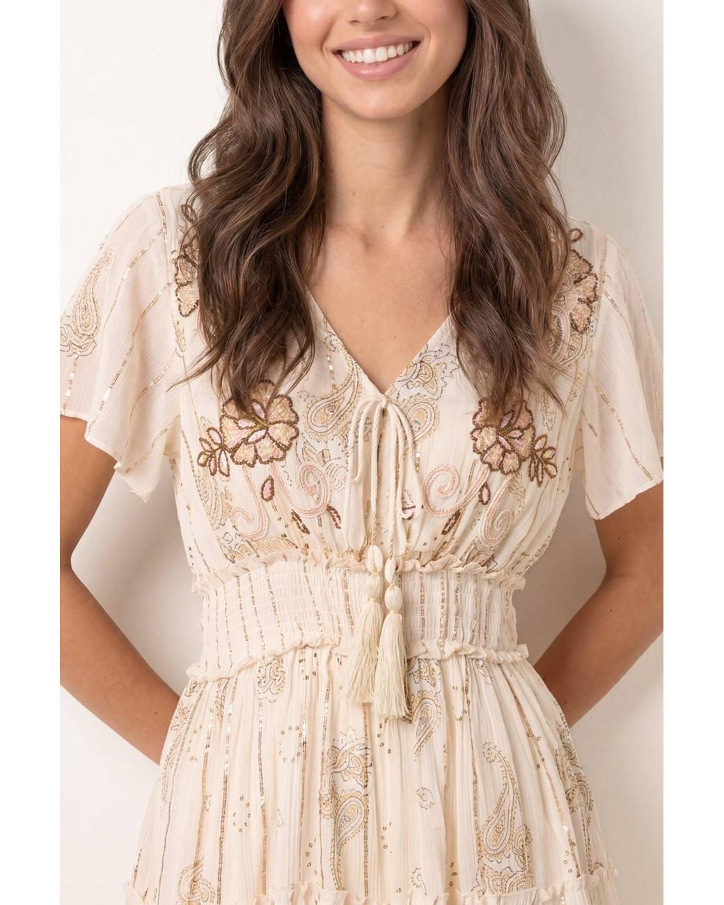 Blue Vanilla Natural Shirred Waist Short Sleeve V-Neck Mini Dress