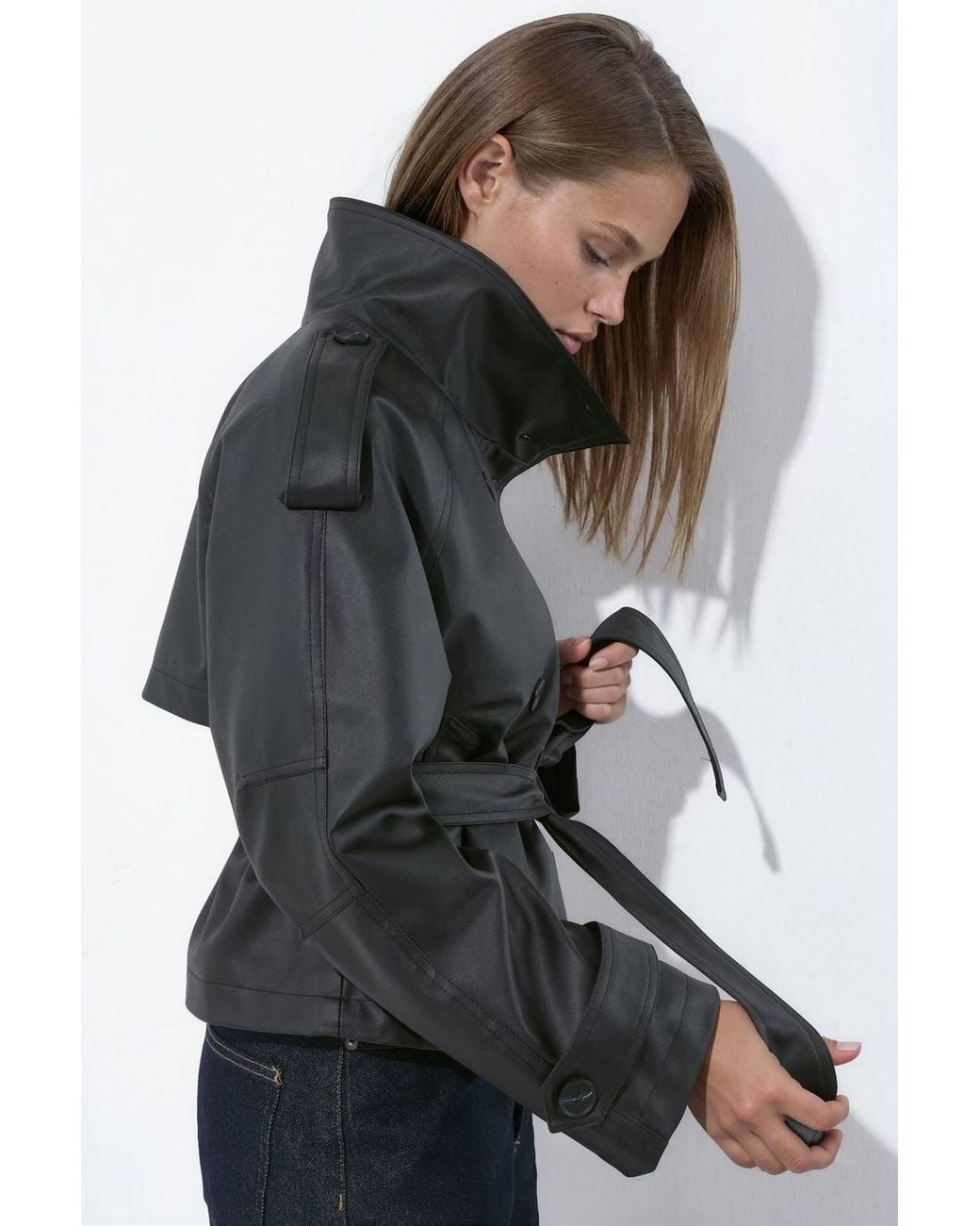 Hiccup Black Short Faux Leather Trench Coat