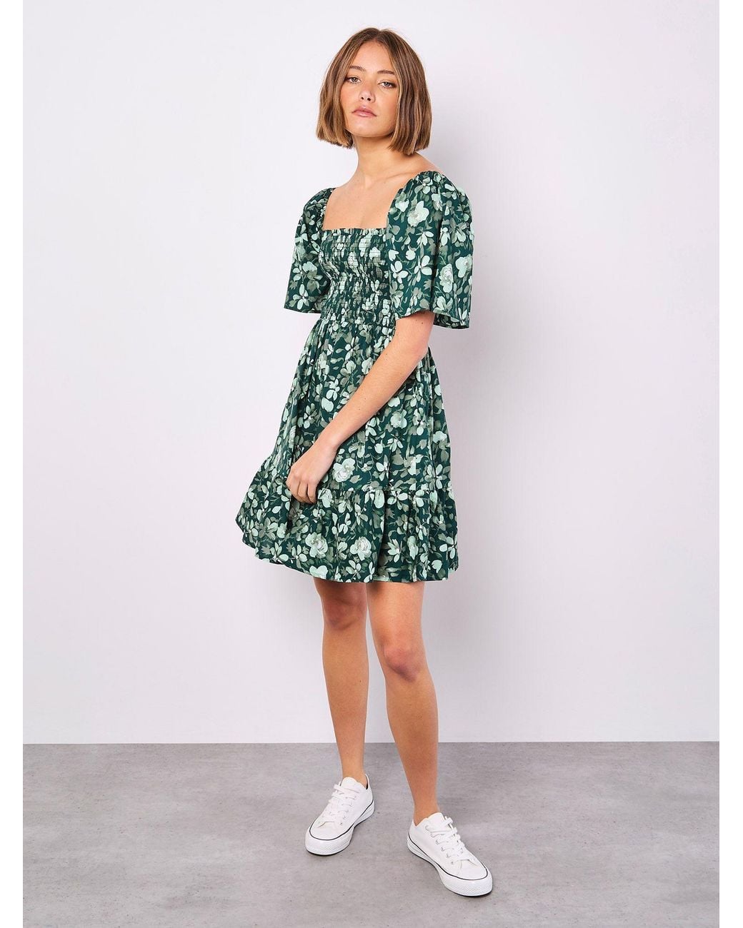 Apricot Green Smocked Cotton Floral Mini Dress