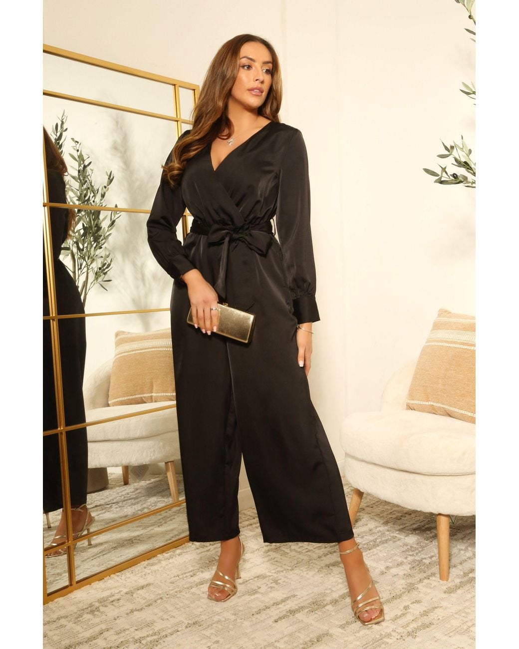 Double Second Black Lux Satin Wrap Jumpsuit