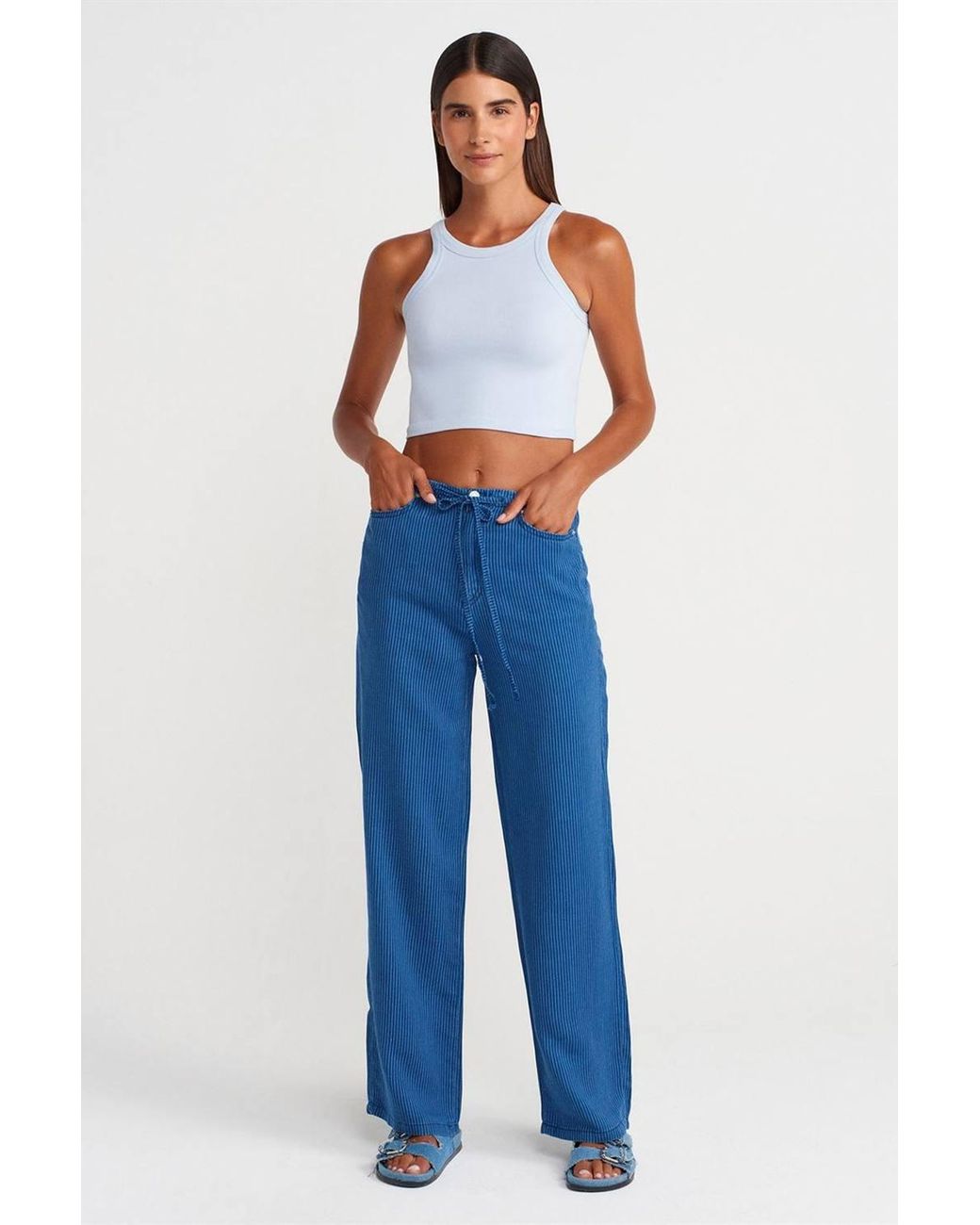 Dilvin White Ribbed Cotton-Blend Sleeveless Crop Top