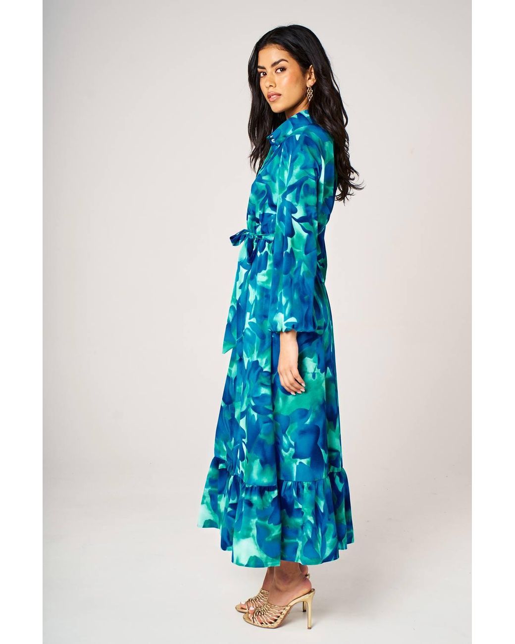 FS Collection Blue Abstract Floral Print Shirt Midi Dress With Ruffled Hem