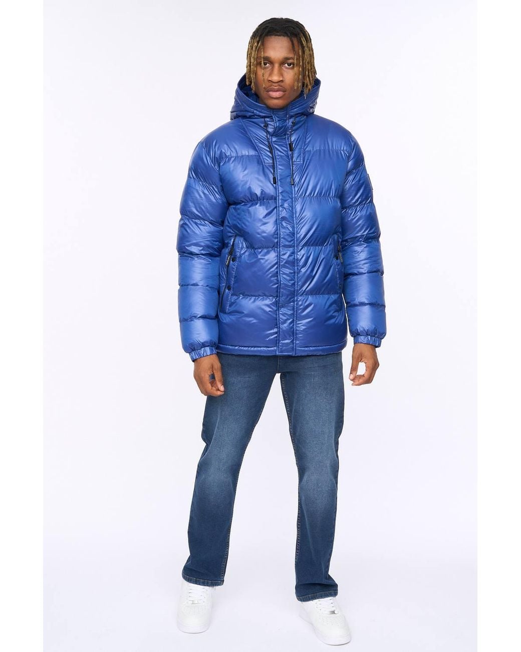 Kings Will Dream Blue Welcome Colour-Block Panelled Puffer Jacket With Adjustable Hood for men
