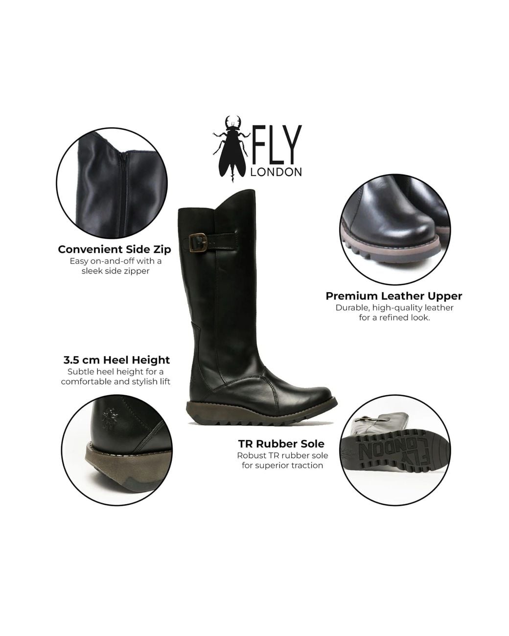 Infinity Leather Black Fly London Mol 2 Leather Wedge Heel Knee High Zip-Up Boots