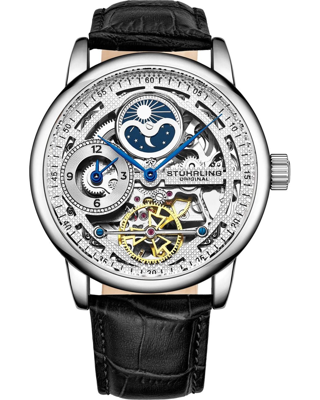 Stuhrling Black Stuhrling 3917 Automatic Skeleton Watch Dual Time Subdial, Am/Pm Indicator, & Alligator-Embossed Leather Strap For for men