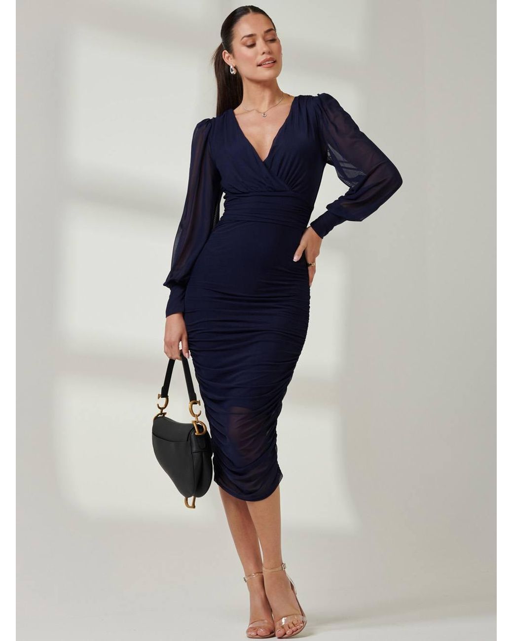 Jolie Moi Blue Long Sleeve Ruched Mesh Midi Dress