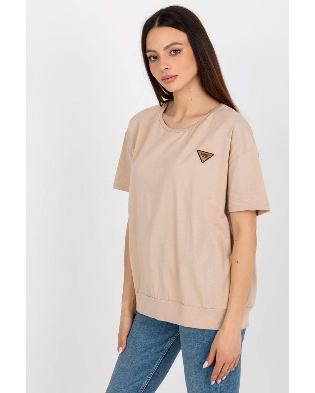 Love Lace Blue Short Sleeve Round Neck Blouse With Patch Style 180967