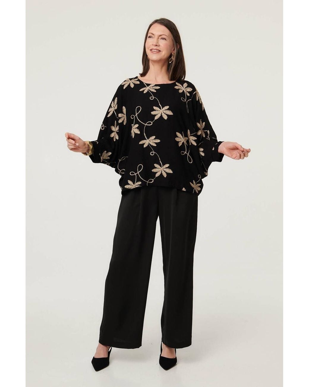 Izabel London Black Floral Embroidered 3/4 Sleeve Top
