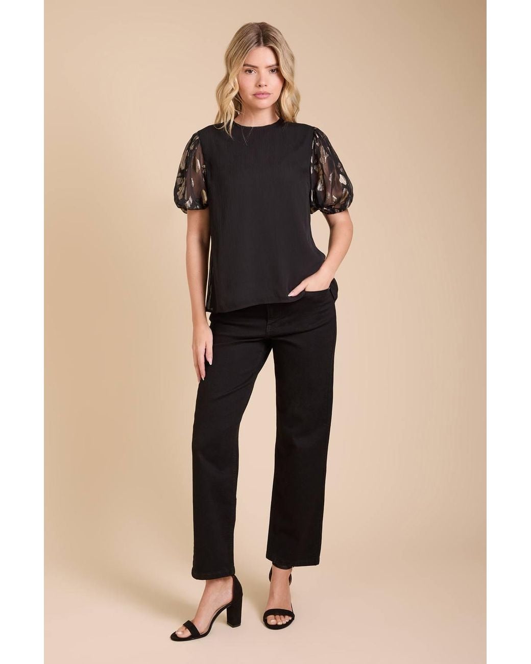 Dorothy Perkins Black Metallic Jacquard Puff Sleeve Top