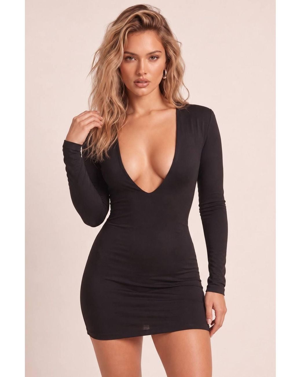 Rebellious Fashion Black Tyler Slinky Plunge Long Sleeve Mini Dress