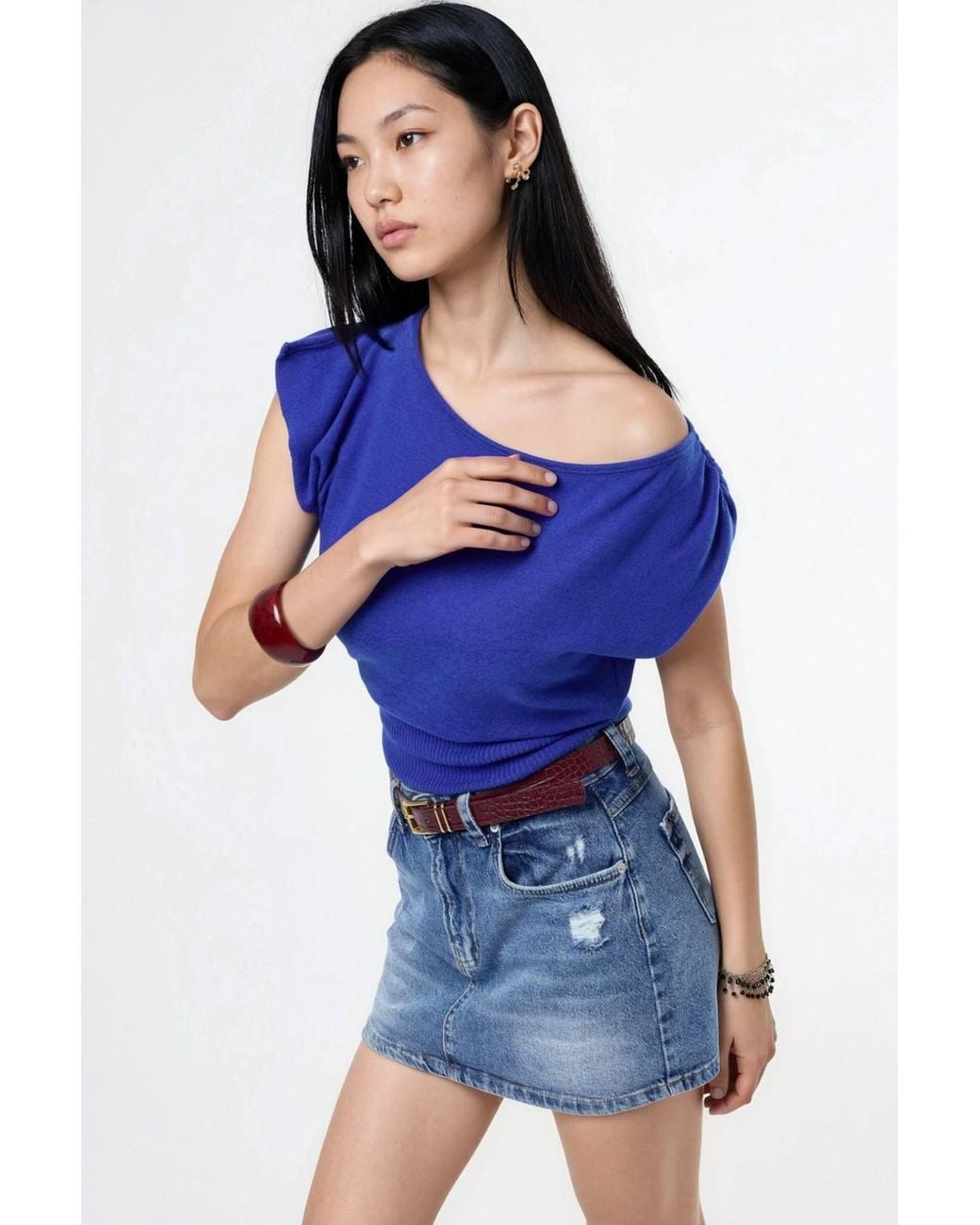 Busem Blue Boat Neck Ribbed Blouse
