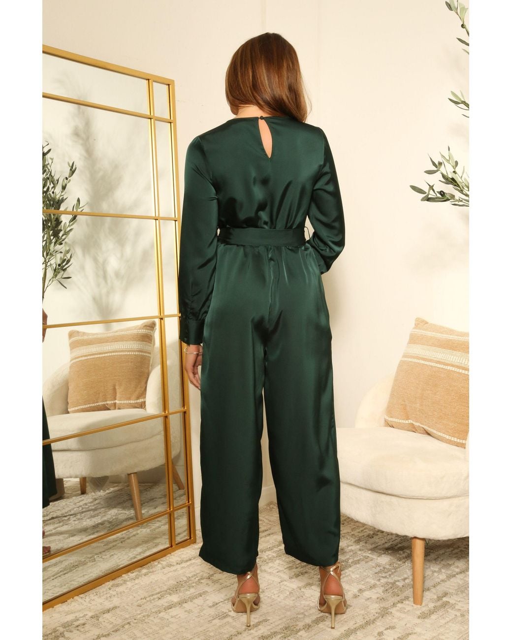Double Second Green Lux Satin Wrap Jumpsuit