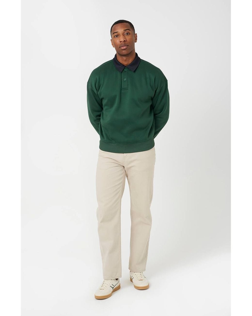 Brave Soul Green Contrast Collar Long Sleeve Polo Shirt for men