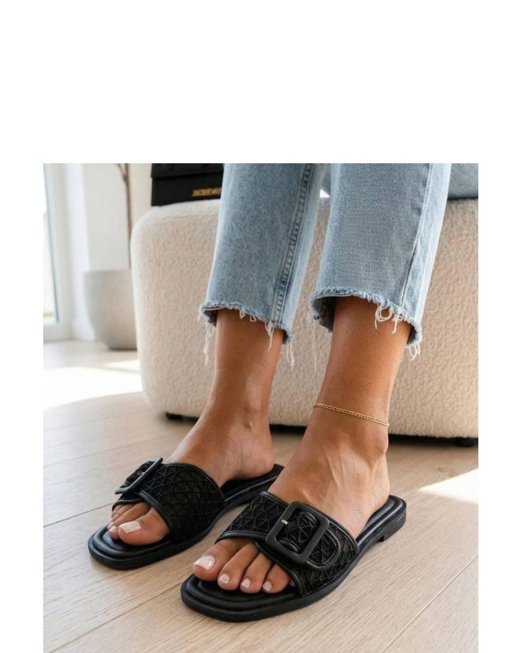 Love Lace Black Summer Slip-On Faux Leather Sliders With Buckle