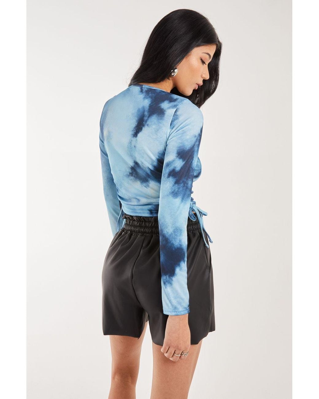 Pink Vanilla Blue Tie Dye Print Long Sleeve Rib Top