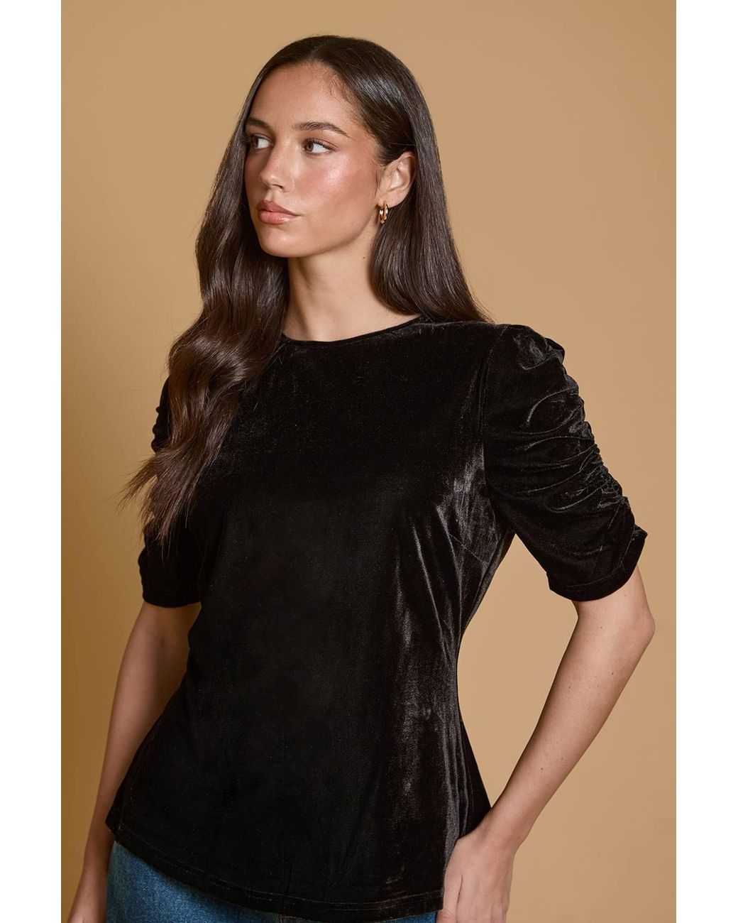 Oasis Blue Velvet Puff Sleeve Top