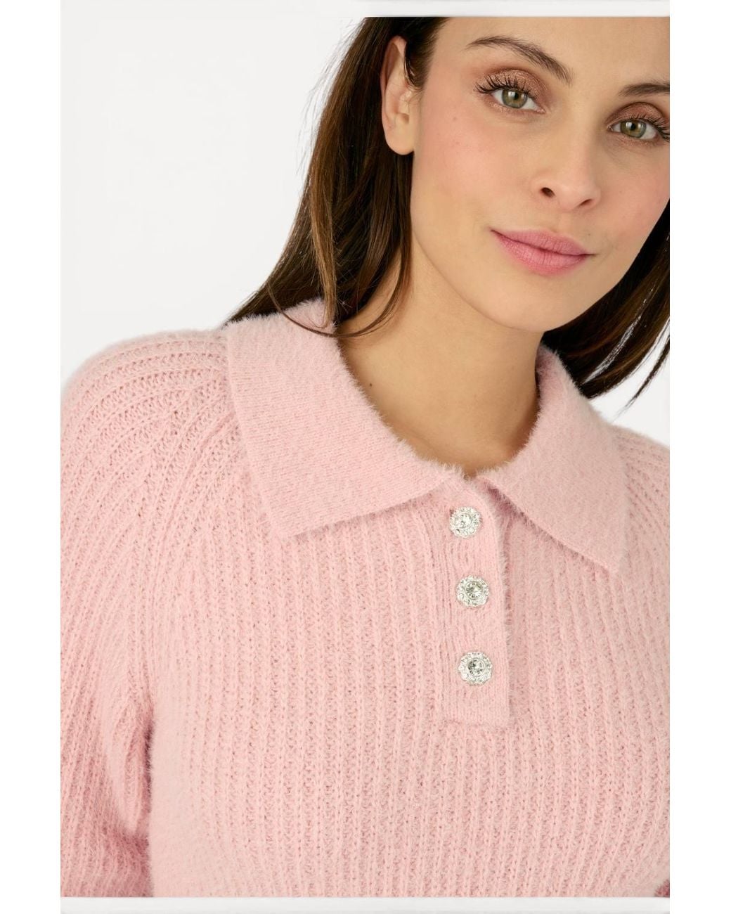 DAMART Pink Cosy Soft-Knit Long Sleeved Polo Collar Jumper With Jewelled Buttons