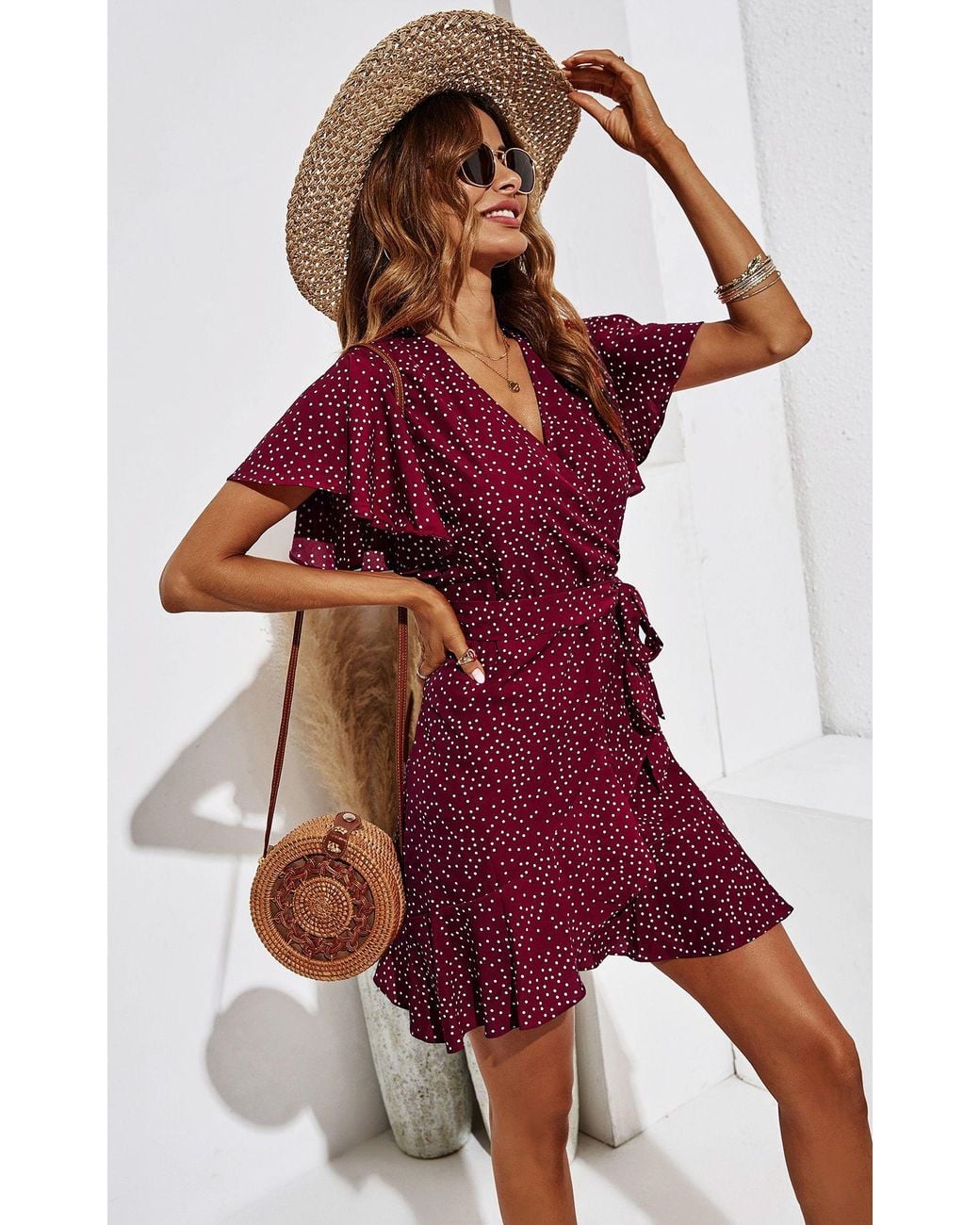 FS Collection Red Polka Dot Mini Wrap Style Dress