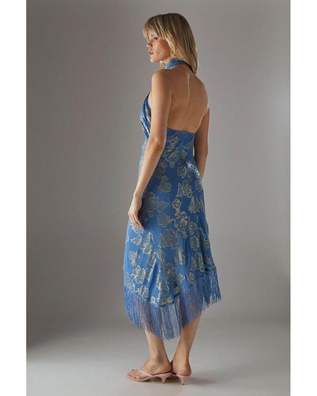 Warehouse Blue Metallic Chiffon Fringe Hem Halter Wrap Front Midi Dress