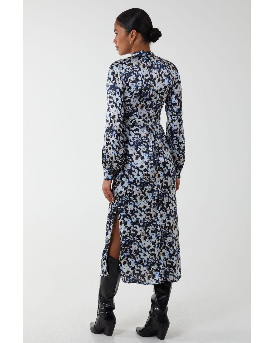 Blue Vanilla Blue Floral Print High Neck Dress